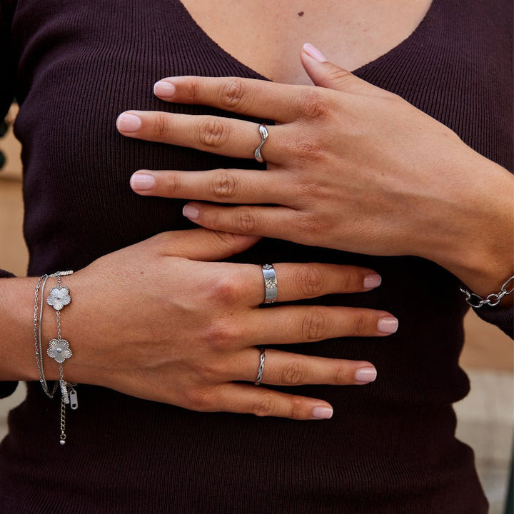 Silver Crystal Clover Band Ring